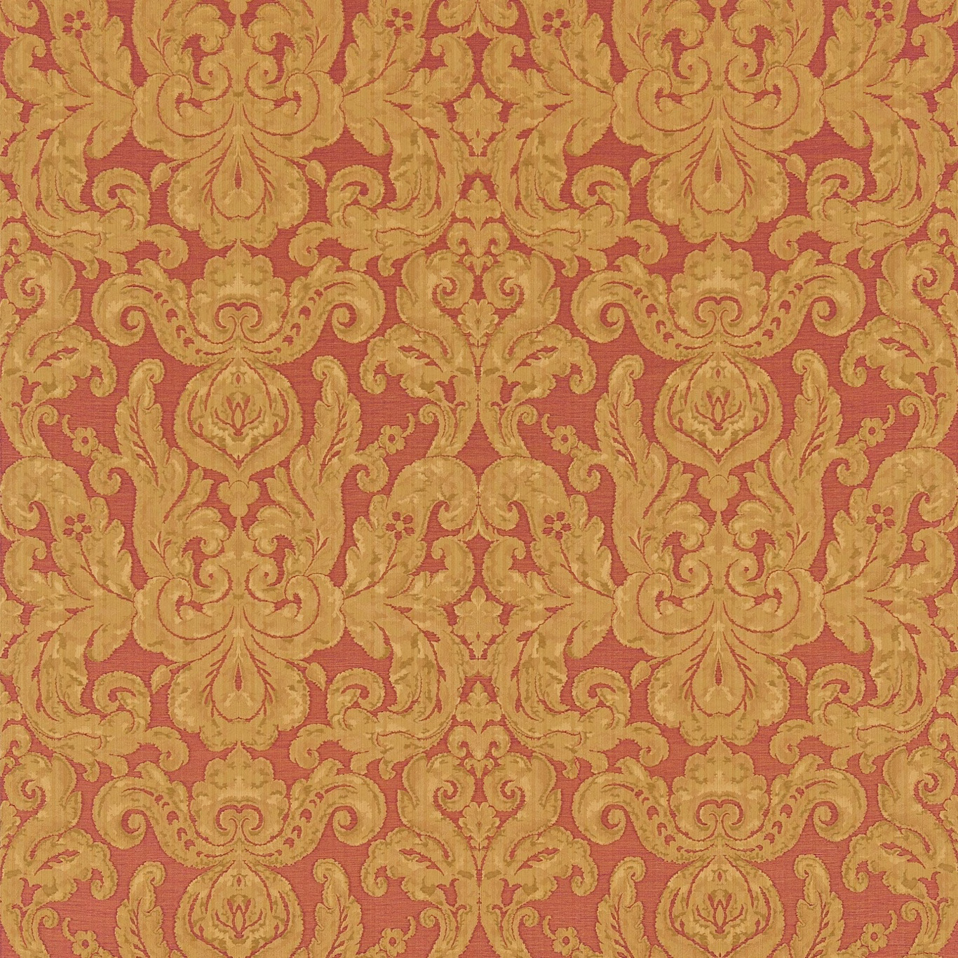 Muted red woven ground with antique-gold scrolling damask and dense surface texture