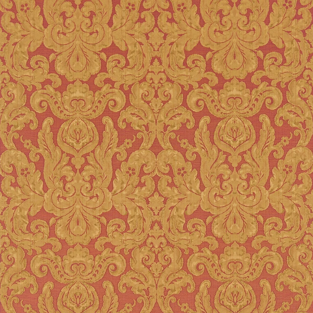 Muted red woven ground with antique-gold scrolling damask and dense surface texture
