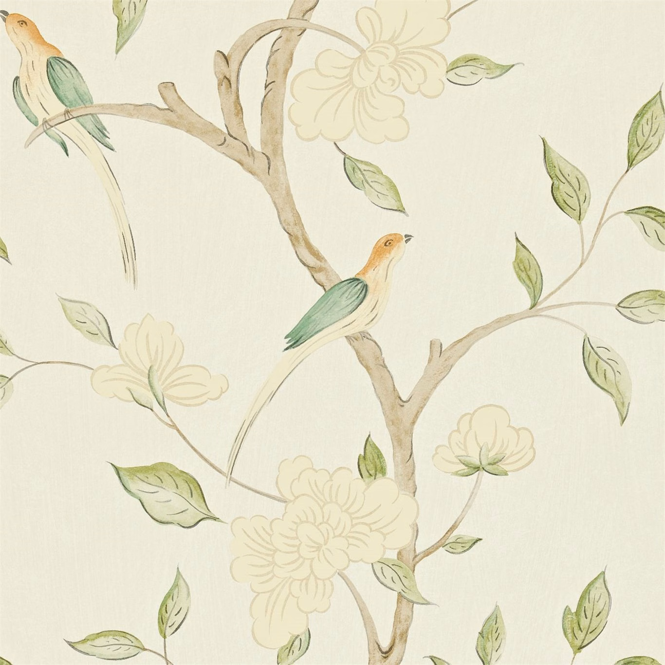 Cream wallpaper with celadon branches, outlined blossoms, green leaves and perched birds