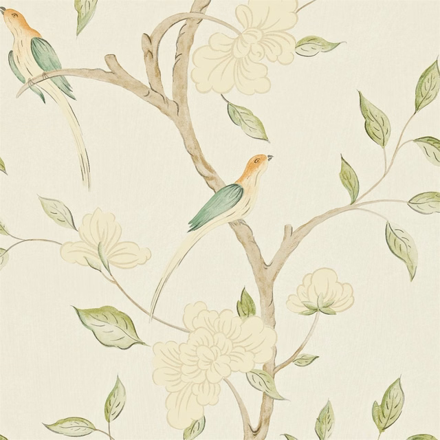 Cream wallpaper with celadon branches, outlined blossoms, green leaves and perched birds