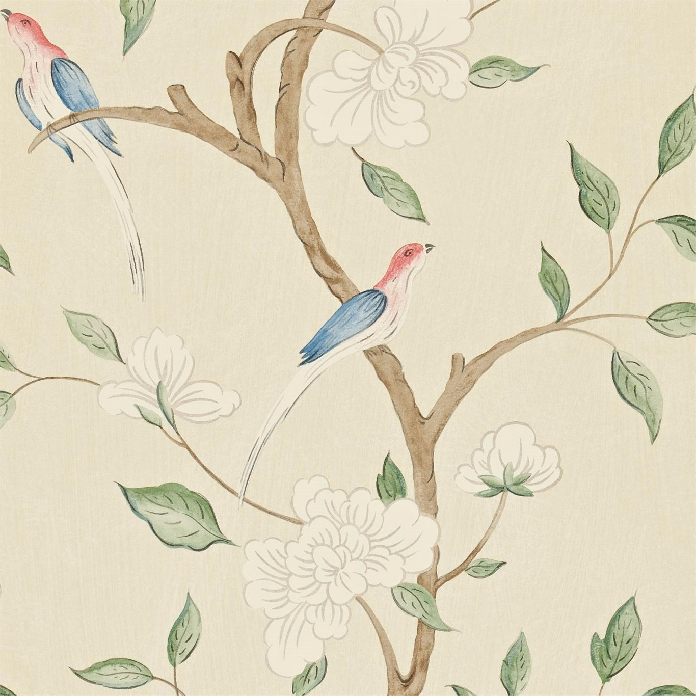 Soft jade wallpaper with pink-and-blue birds, white blossoms and branching stems