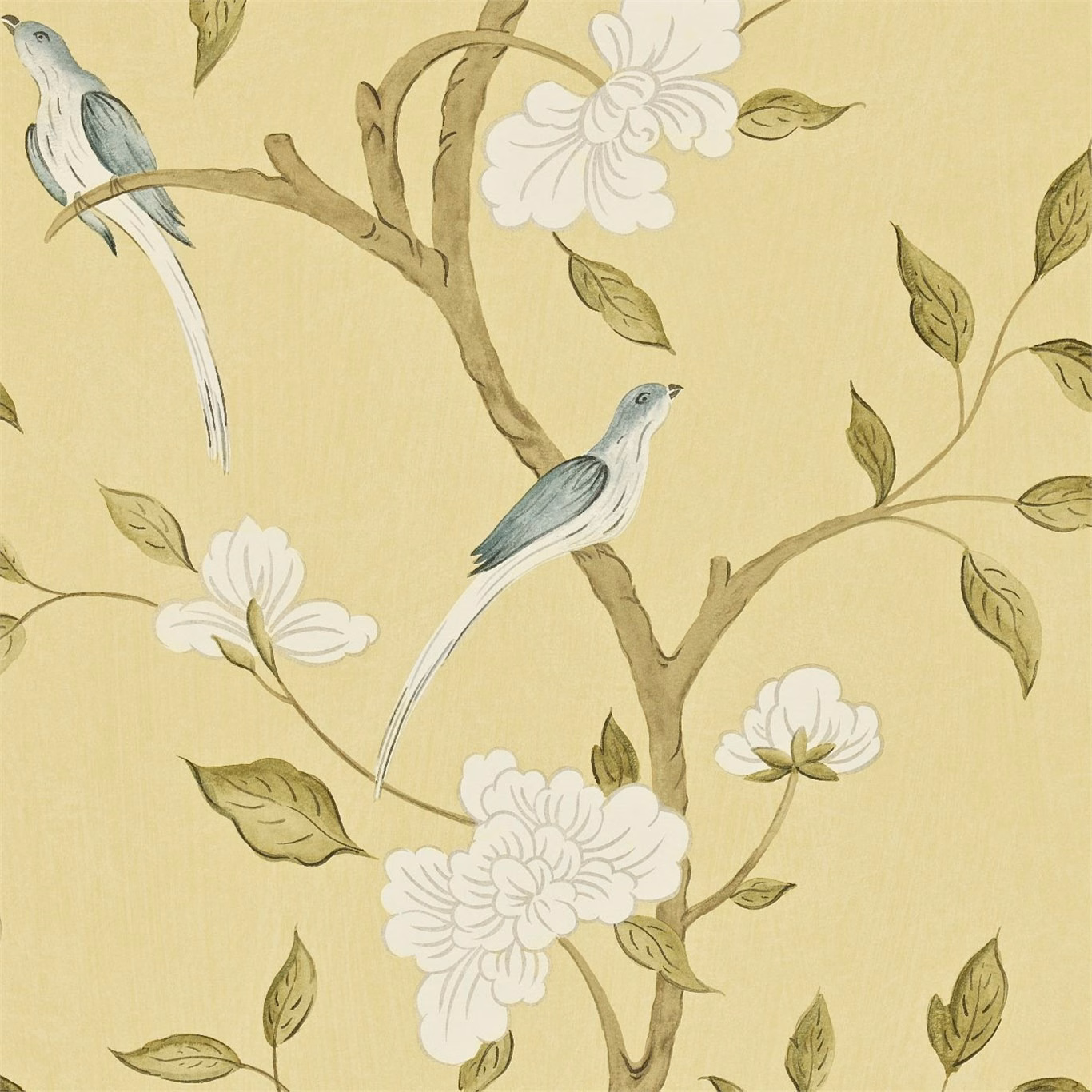 Pale stone wallpaper with Prussian-blue birds, white flowers and branching olive foliage