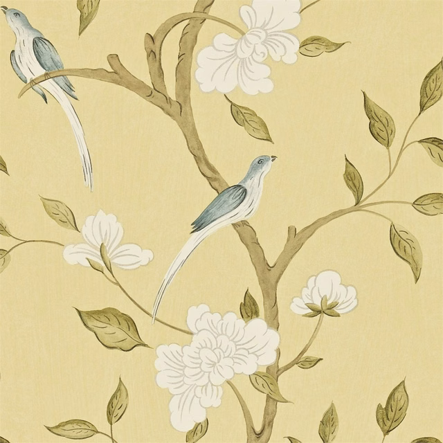 Pale stone wallpaper with Prussian-blue birds, white flowers and branching olive foliage