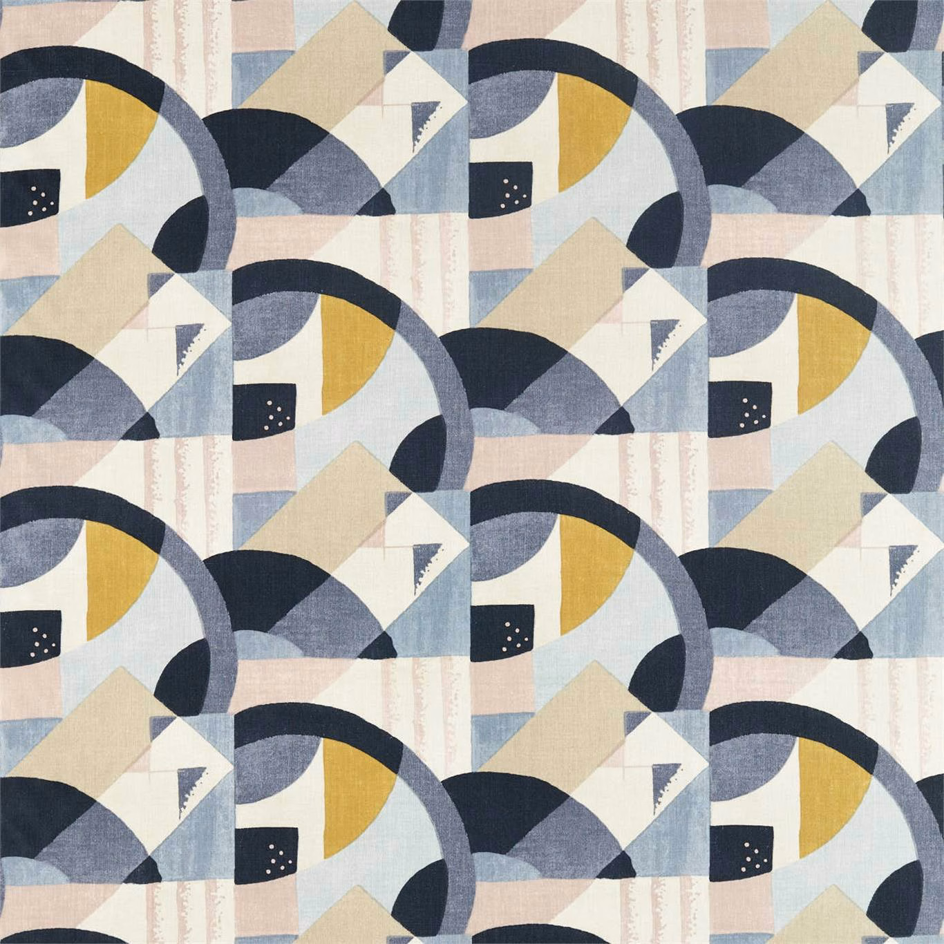 Mineral blue geometric weave with navy arcs, ochre curves and blush blocks