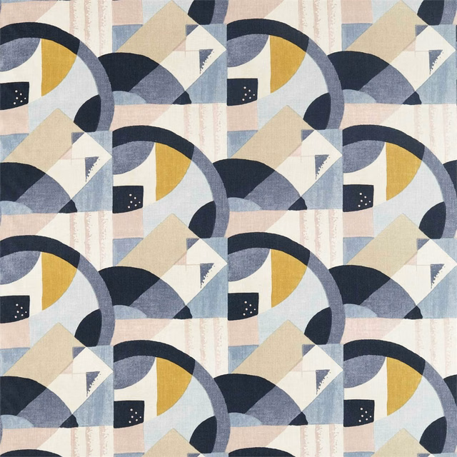 Mineral blue geometric weave with navy arcs, ochre curves and blush blocks