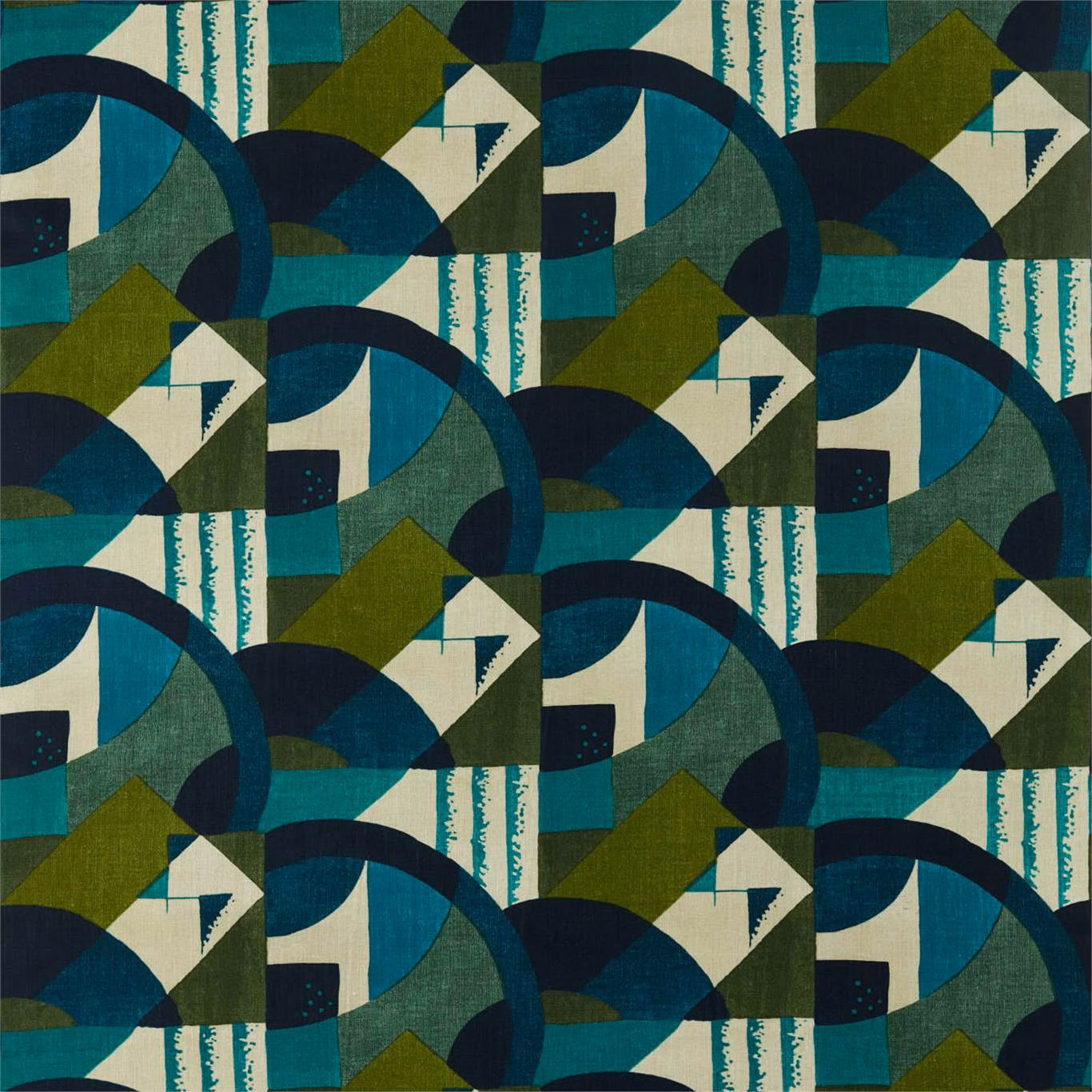 Teal, navy and olive geometric woven fabric with cream angular motifs