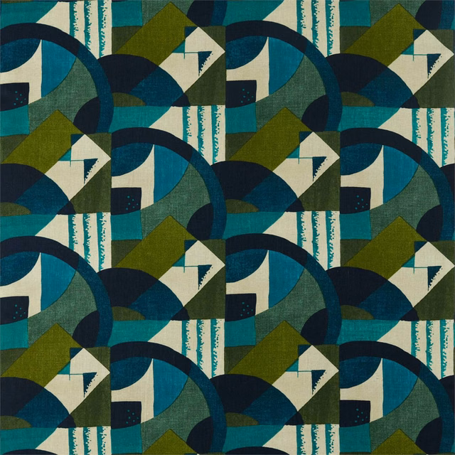 Teal, navy and olive geometric woven fabric with cream angular motifs