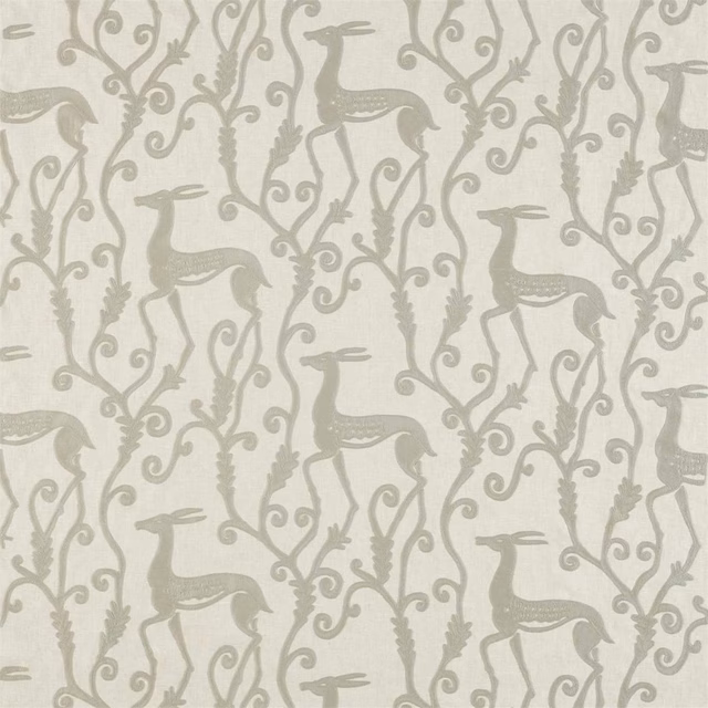 Dove-grey fabric with tonal deer and scrolling botanical motifs in a woven pattern