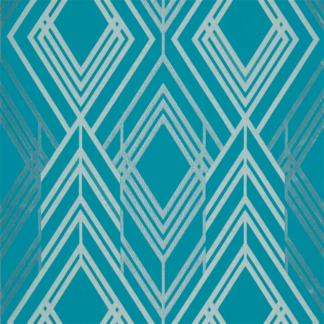 Teal Geometrica Serpentine fabric with pale aqua stepped diamond motifs and textured lines