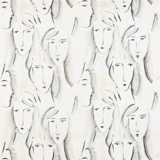 Ivory fabric with repeating charcoal and blue-grey sketched female faces