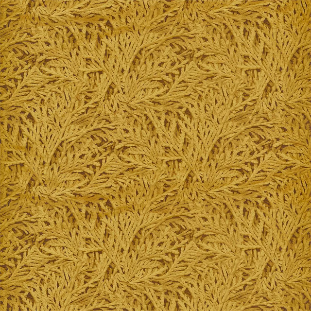 Ochre-gold woven swatch with raised branching fern motifs and shadowed texture
