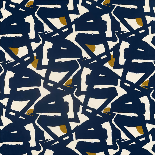 Dense ink-navy abstract marks with cream ground and ochre flashes