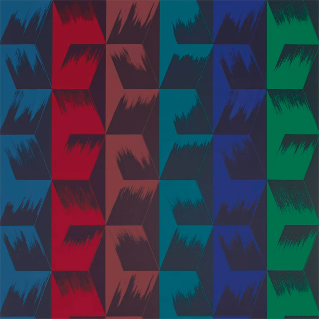 Jewel blue, crimson, teal and green rhombi with dark brushstroke accents