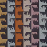 Geometric rhombi stripe fabric in mineral blue-grey, charcoal, rust, lilac and ochre