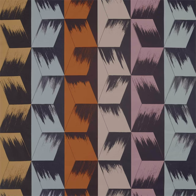 Geometric rhombi stripe fabric in mineral blue-grey, charcoal, rust, lilac and ochre