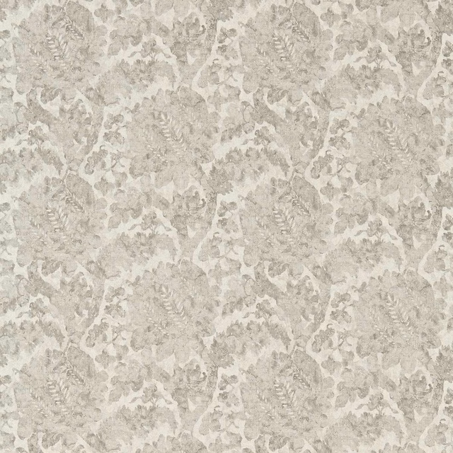 Pale silver-grey botanical damask with softly distressed foliage and ivory ground