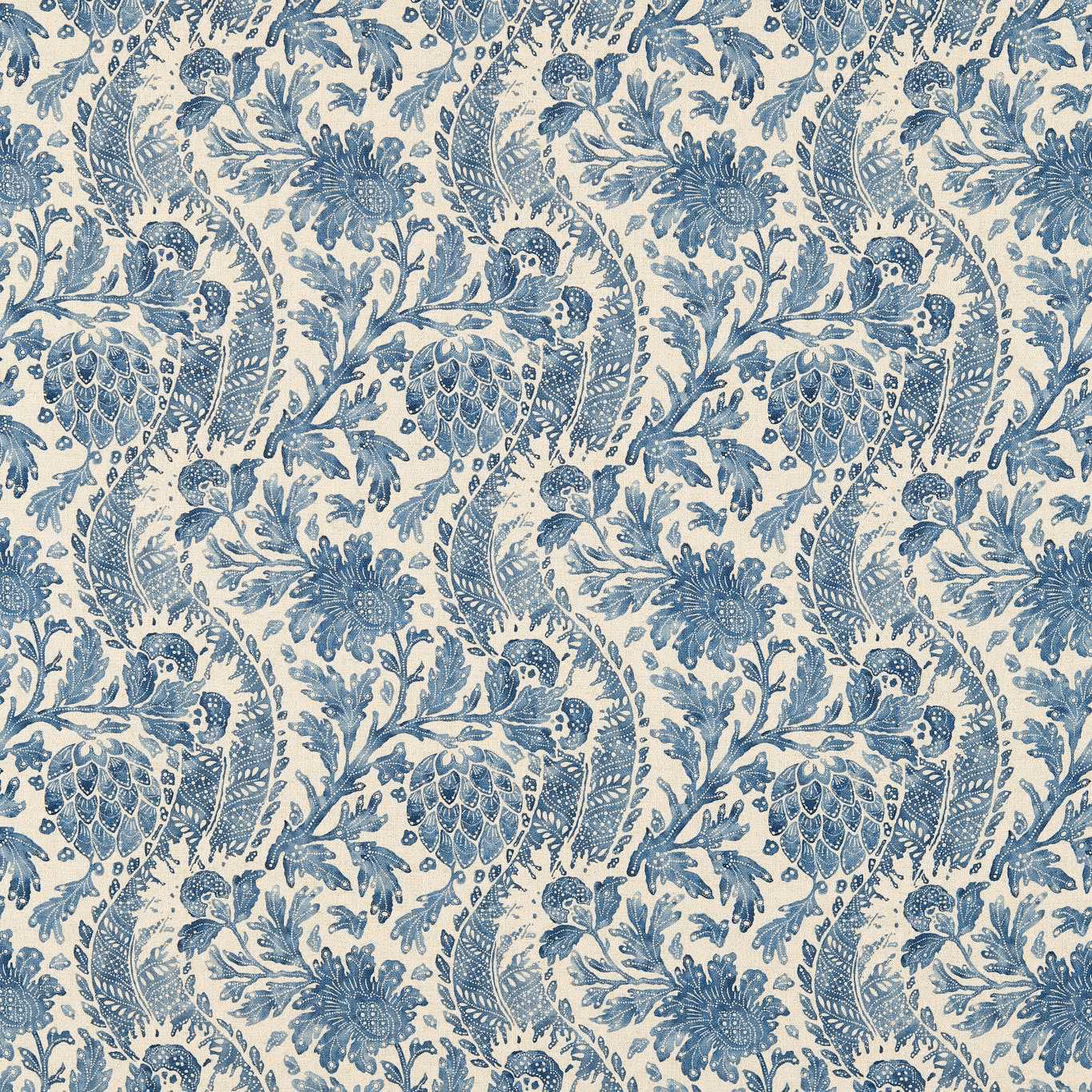 Muted indigo birds and botanicals repeat across an ivory textile ground