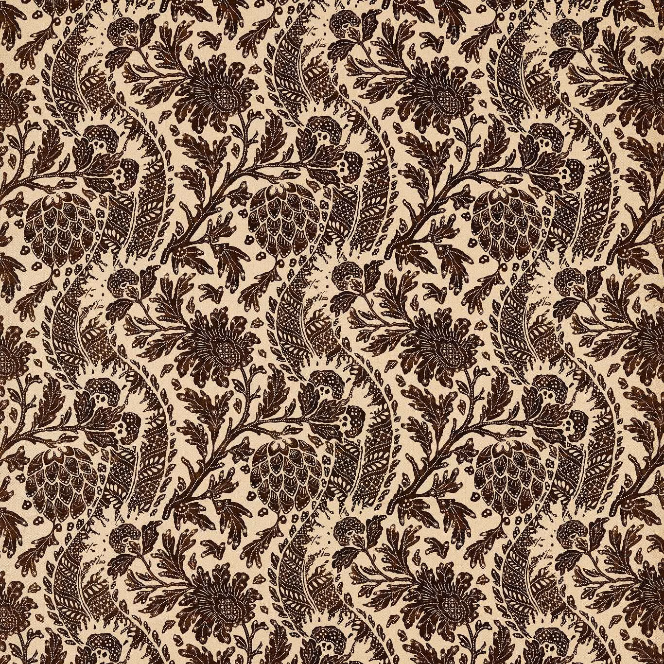 Warm beige textile with black pomegranate, floral and scrolling vine motifs