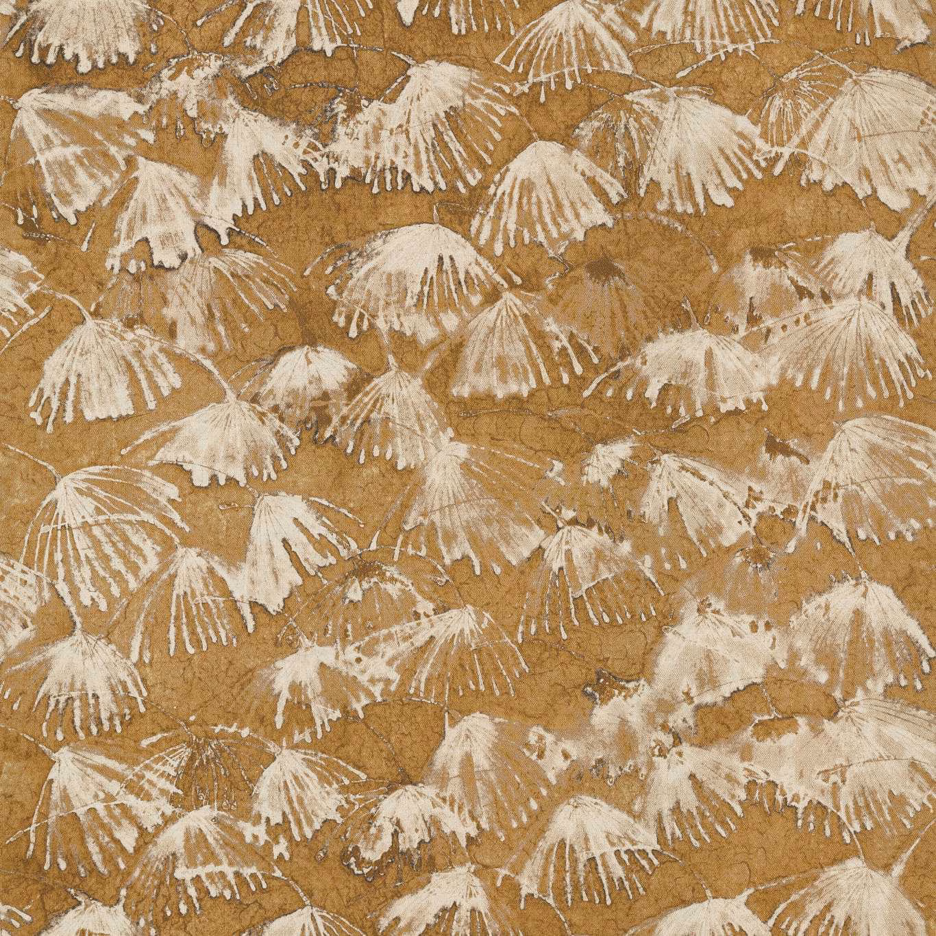 Warm ochre fabric with ivory fan-like botanical motifs and a tactile ground
