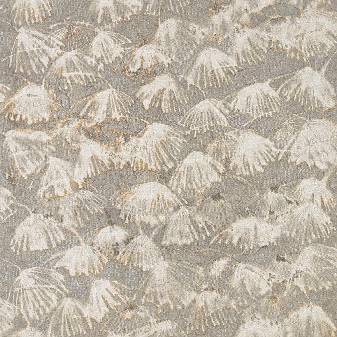 Mineral-grey ground with ivory fan-shaped botanical motifs and softly mottled texture