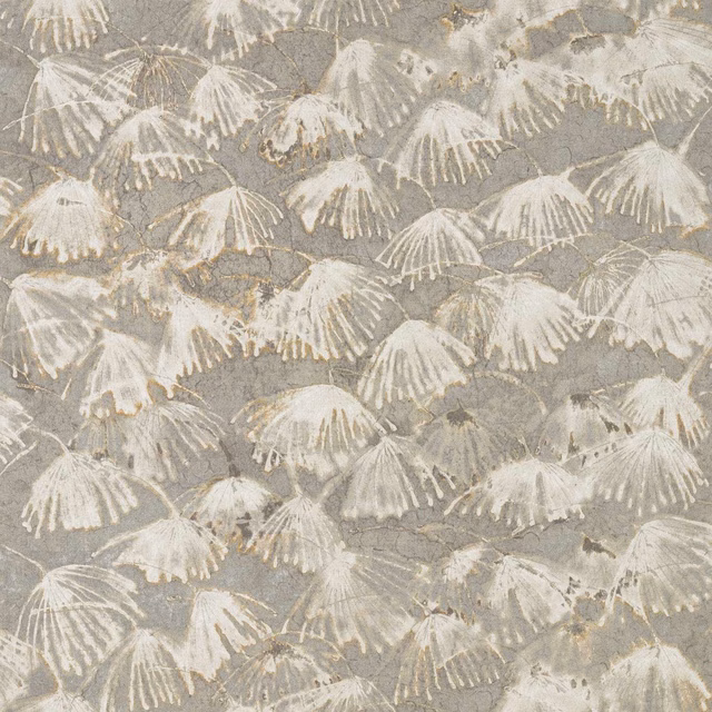 Mineral-grey ground with ivory fan-shaped botanical motifs and softly mottled texture