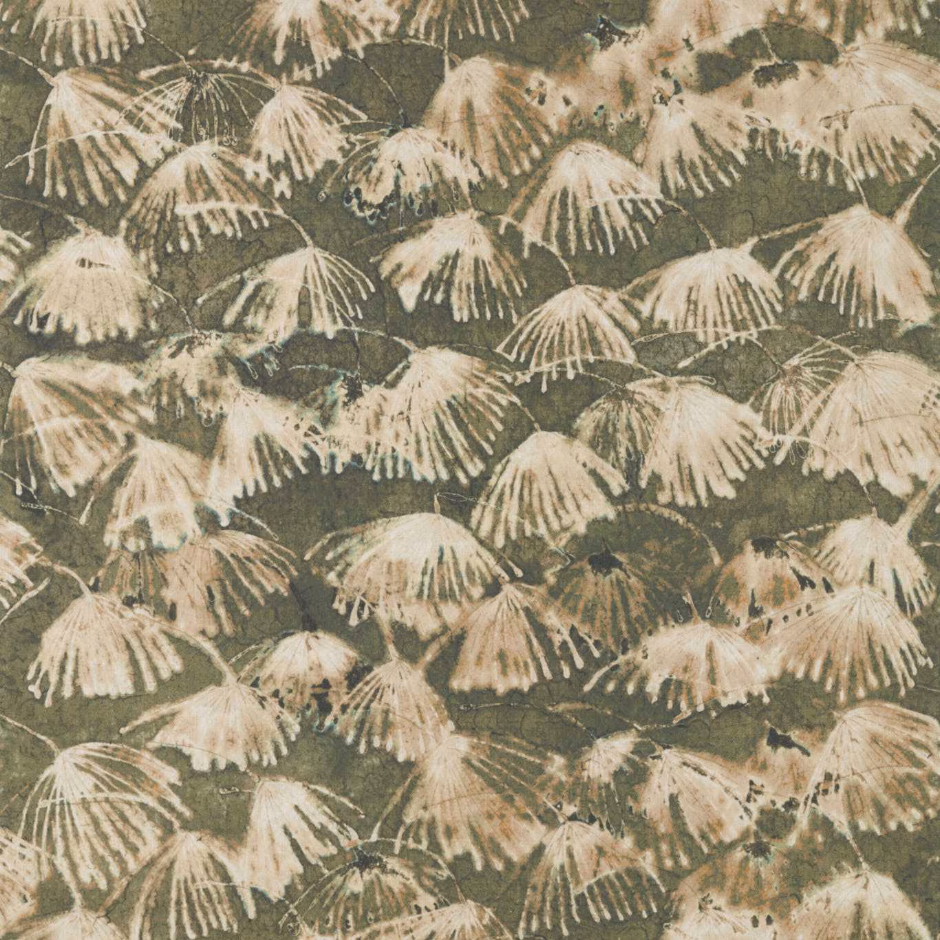 Moss olive fabric with cream fan-shaped botanical motifs and a softly mottled ground