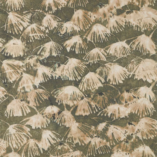 Moss olive fabric with cream fan-shaped botanical motifs and a softly mottled ground