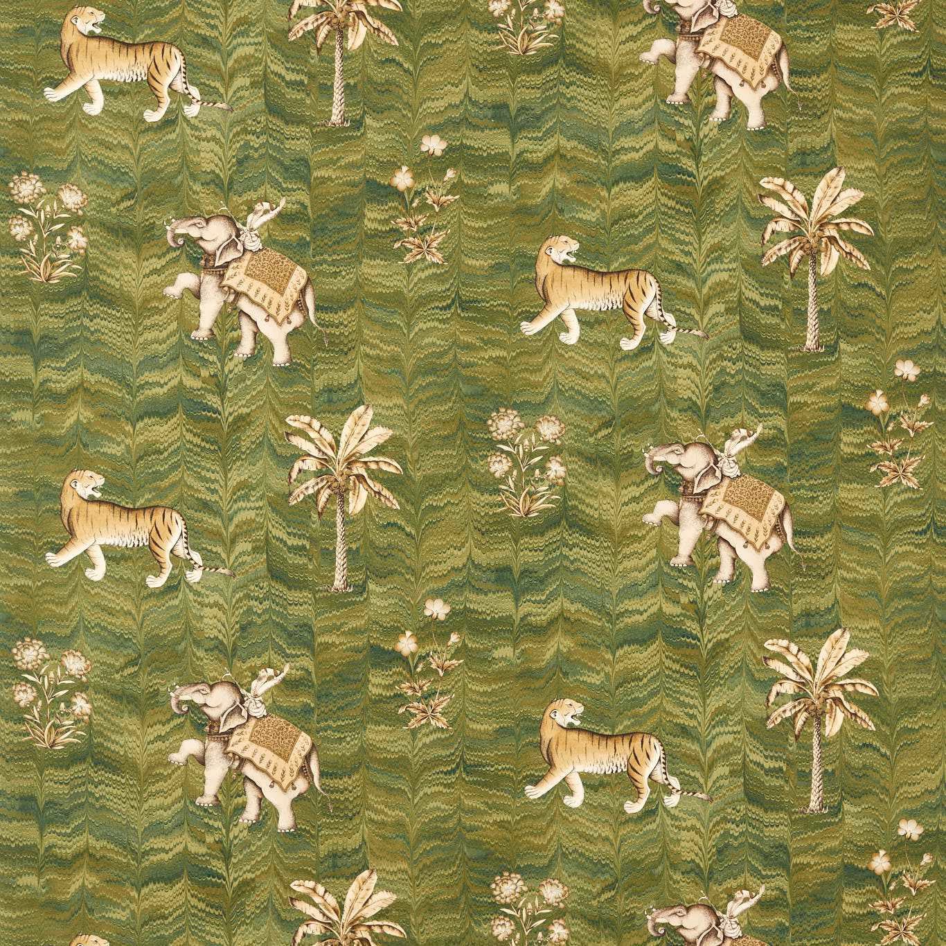 Deep moss fabric with cream tigers, elephants, palms and rippled woven texture