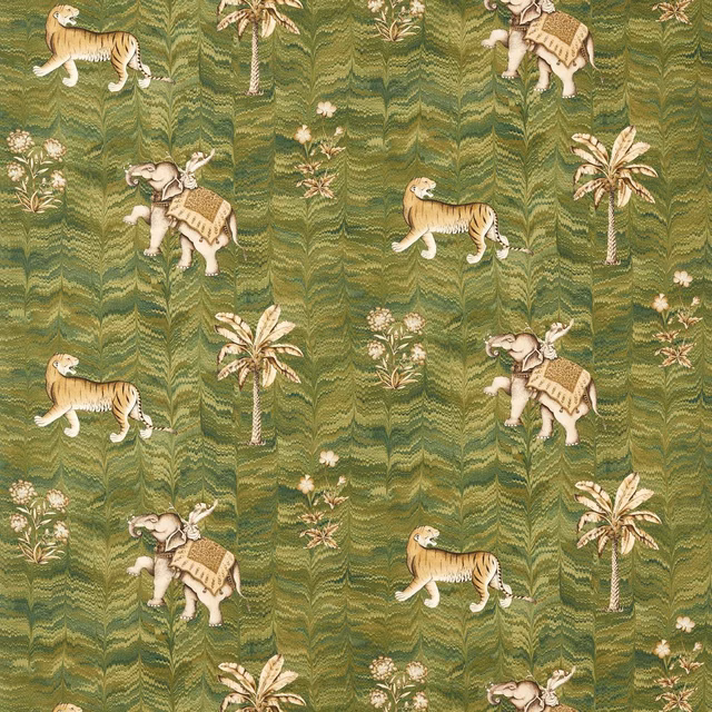 Deep moss fabric with cream tigers, elephants, palms and rippled woven texture