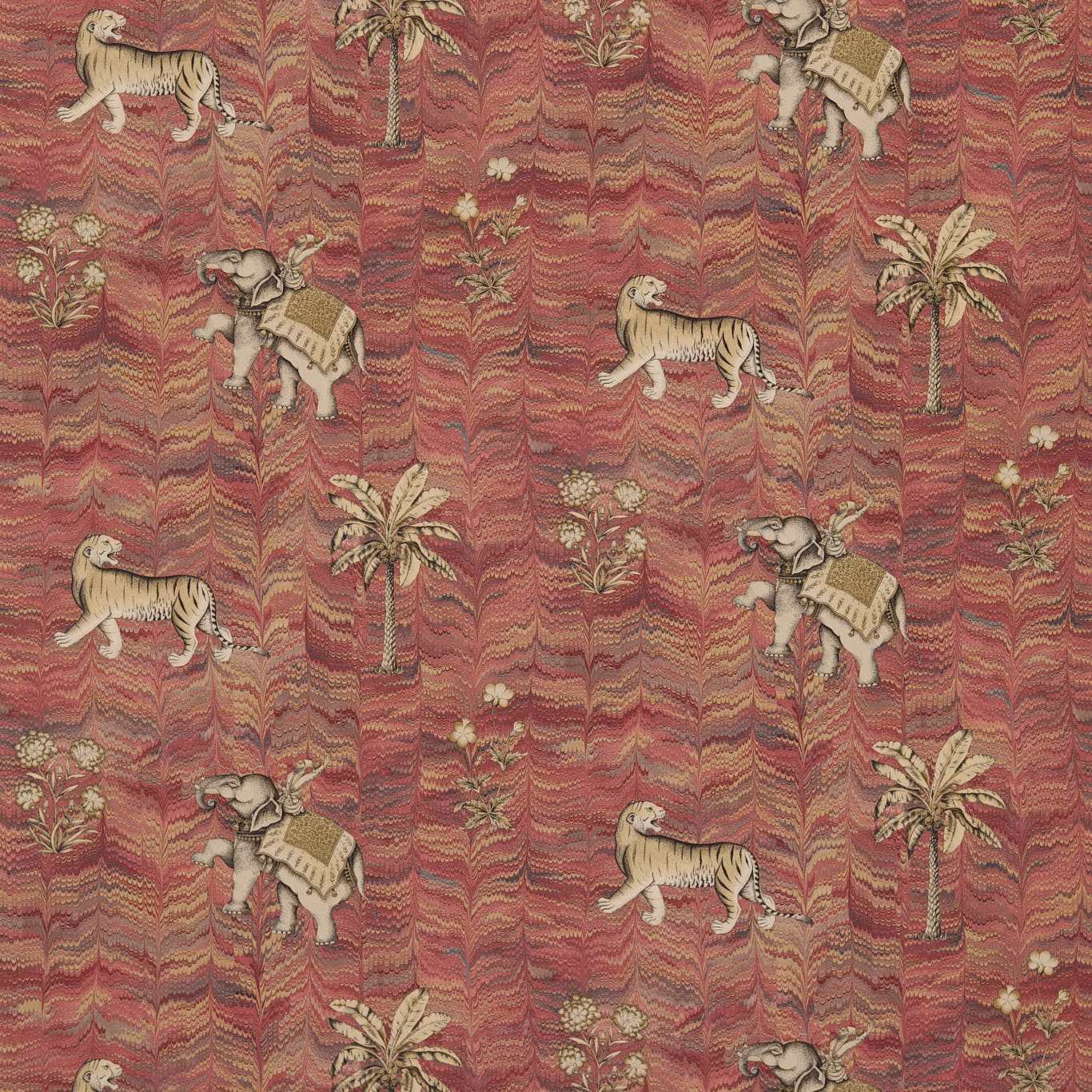 Muted Jaipur red fabric with tigers, elephants, palms and rippling striations