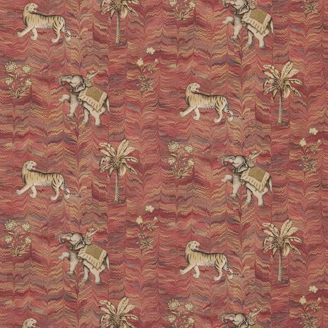 Muted Jaipur red fabric with tigers, elephants, palms and rippling striations