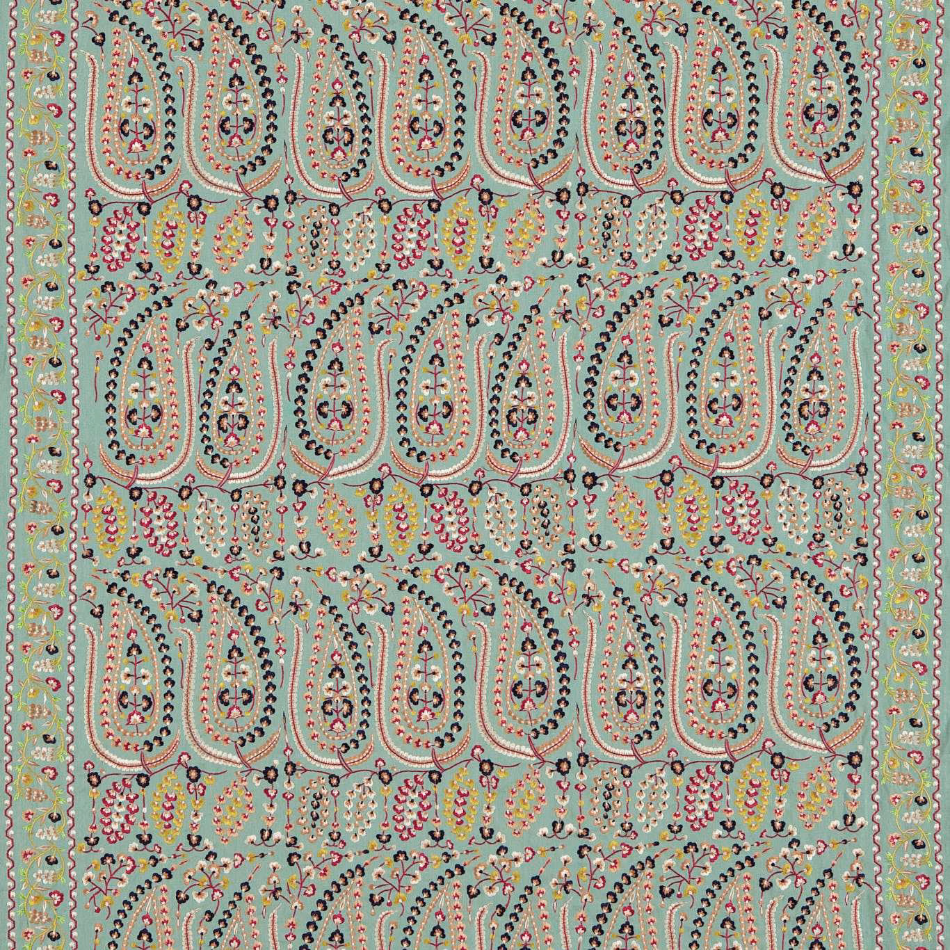 Celadon paisley fabric with coral, pink and mustard floral details in repeated rows
