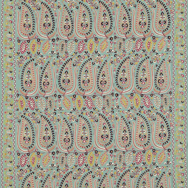 Celadon paisley fabric with coral, pink and mustard floral details in repeated rows