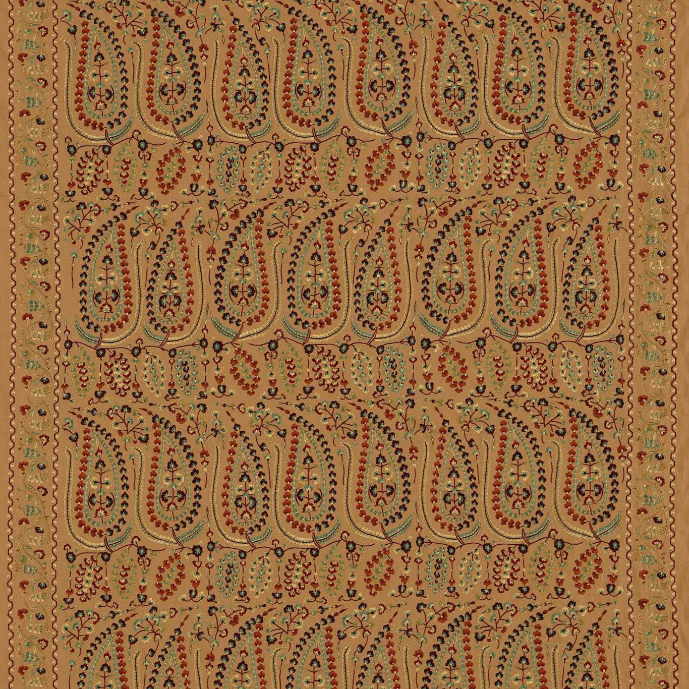 Warm spice paisley fabric with russet, olive and dark woven floral details