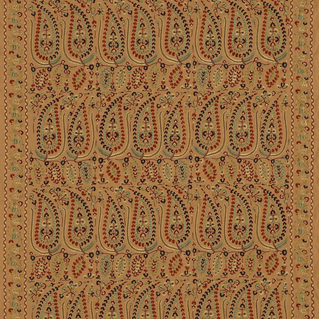 Warm spice paisley fabric with russet, olive and dark woven floral details