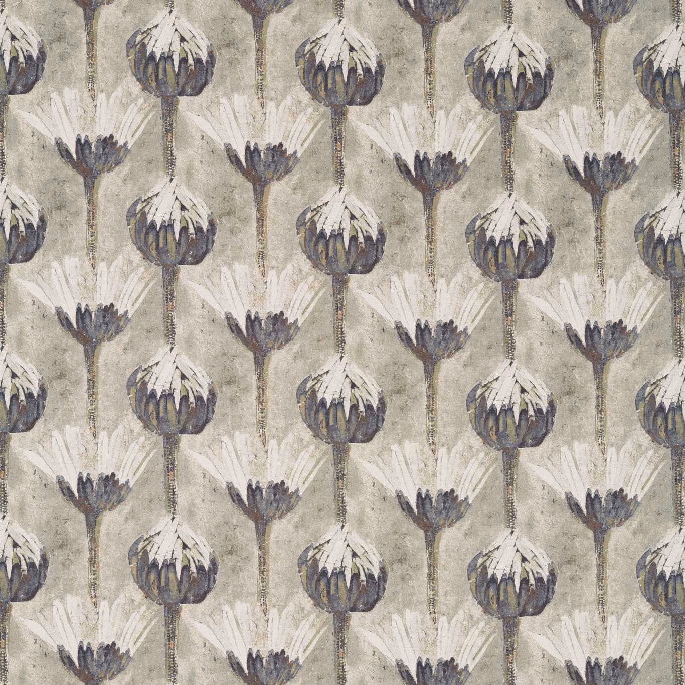 Blue-grey thistle blooms with chalk petals on a mottled umber-grey patterned fabric