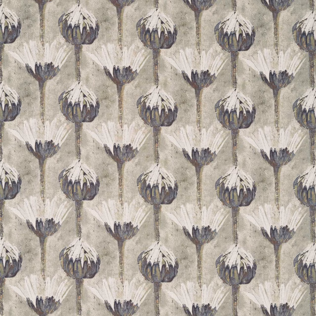Blue-grey thistle blooms with chalk petals on a mottled umber-grey patterned fabric