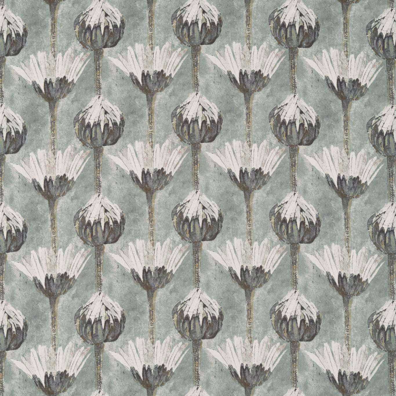 Grey-green botanical fabric with cream thistle heads and charcoal centres