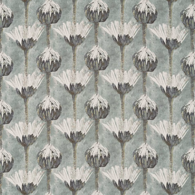 Grey-green botanical fabric with cream thistle heads and charcoal centres