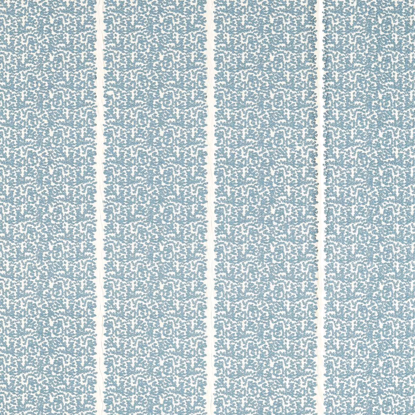 Muted Wedgwood blue textile with pale vertical bands and broken botanical marks