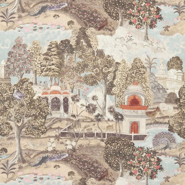 Silver scenic fabric with peacocks, flowering trees, pavilions and pale blue garden landscape