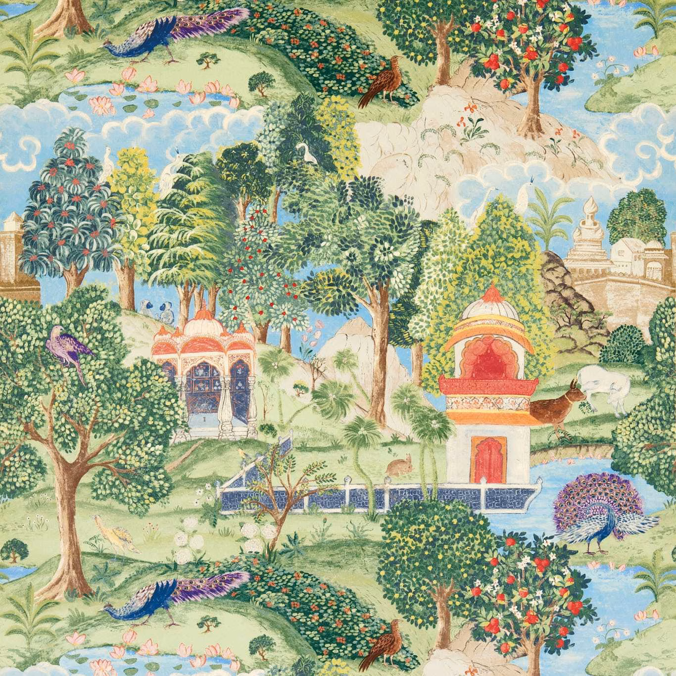 Green and coral velvet showing peacocks, trees, pavilions and a pale blue sky