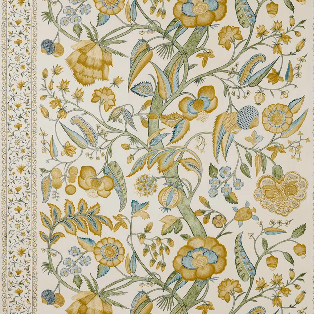Cream wallpaper with primrose flowers, blue accents and scrolling botanical vines
