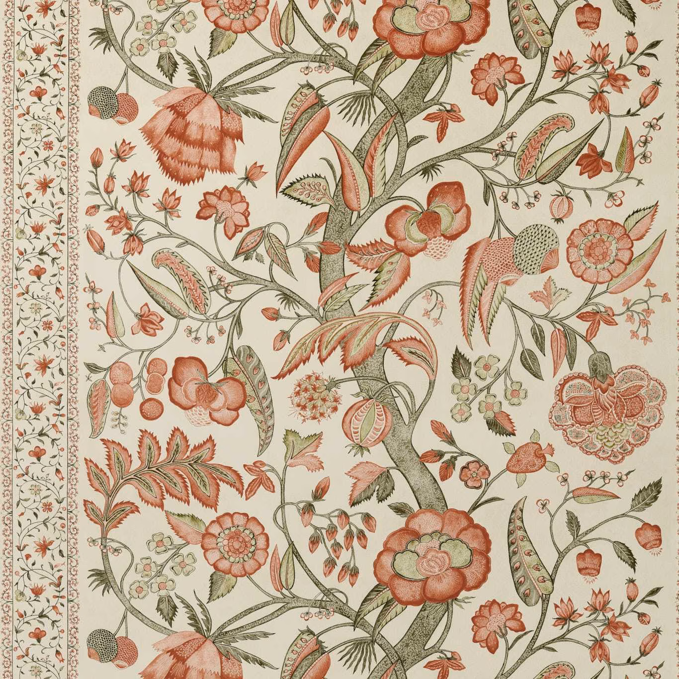 Russet and coral palampore florals with sage leaves on an ivory ground