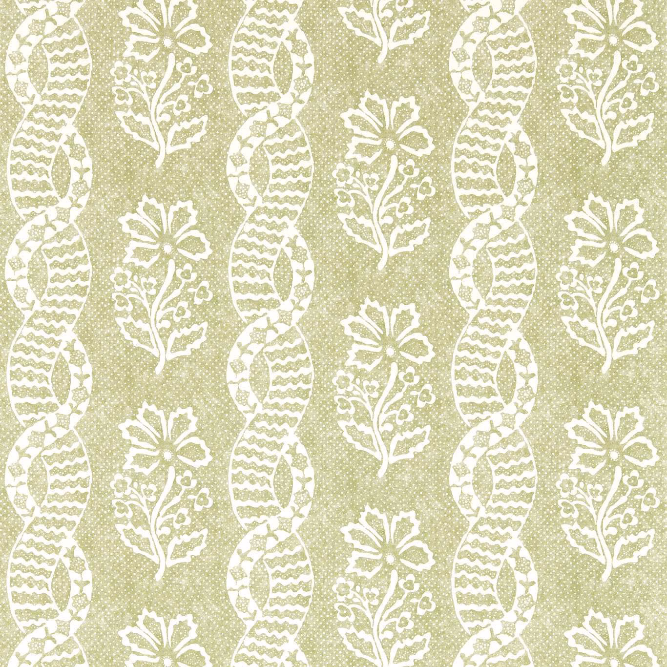 Pale olive wallpaper with white paisley forms and stylised floral sprays