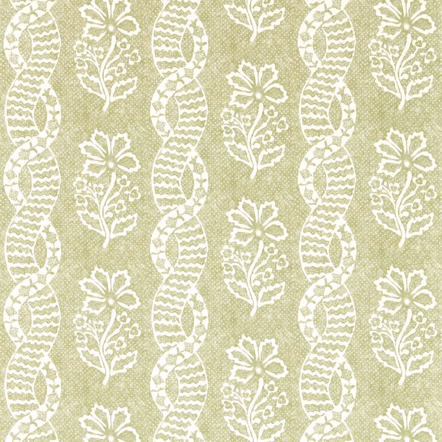 Pale olive wallpaper with white paisley forms and stylised floral sprays