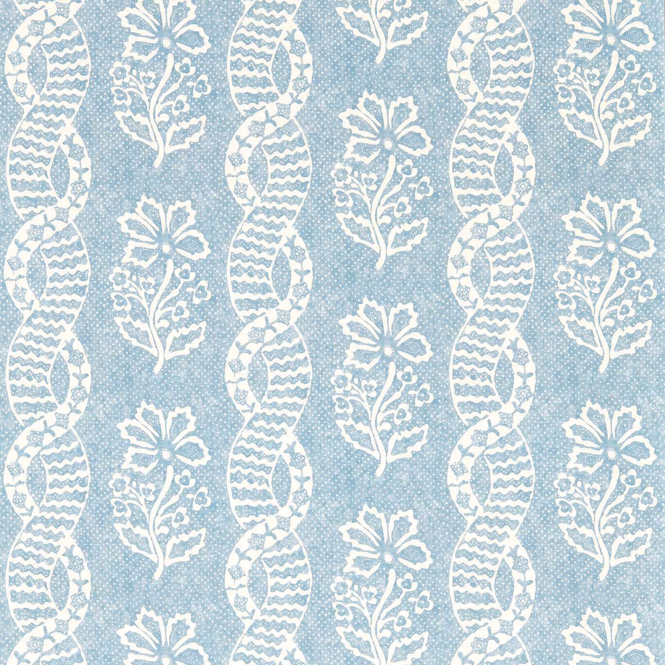 Pale Wedgwood blue wallpaper with white floral sprigs and striped oval motifs