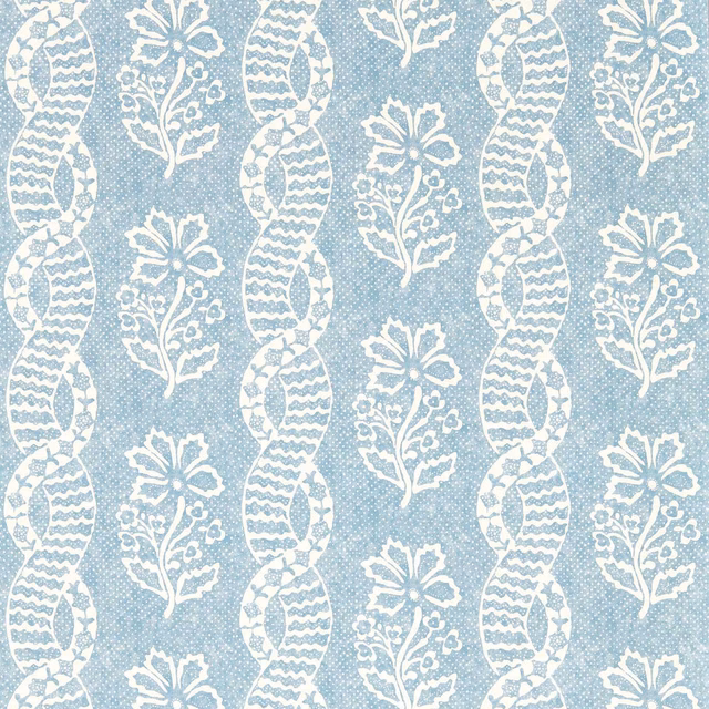 Pale Wedgwood blue wallpaper with white floral sprigs and striped oval motifs