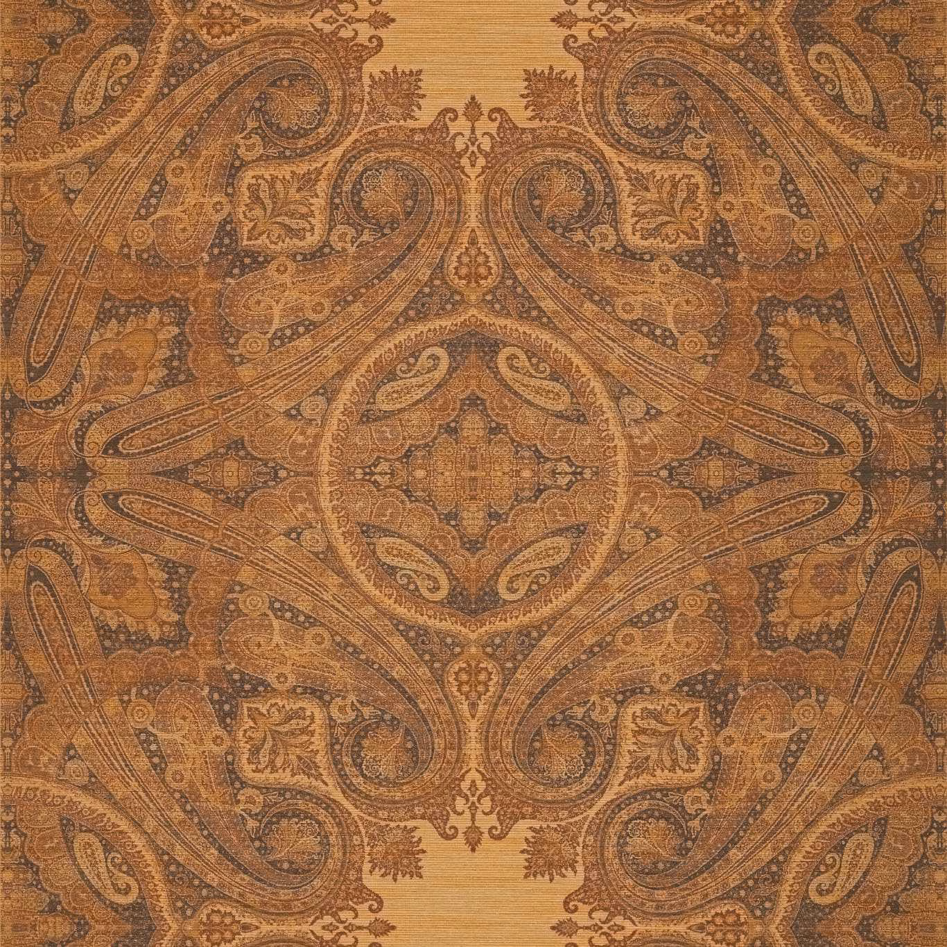 Warm ochre and brown wallpaper with dense symmetrical paisley and scrolling botanical motifs
