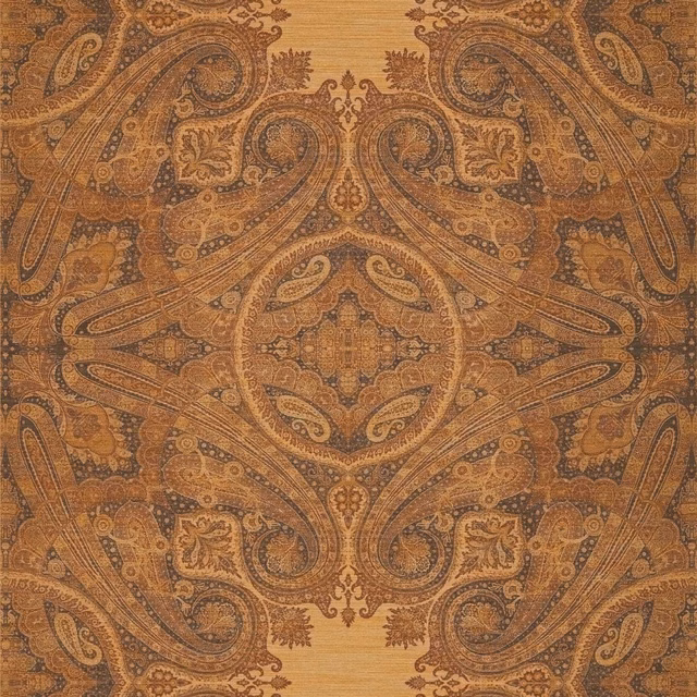 Warm ochre and brown wallpaper with dense symmetrical paisley and scrolling botanical motifs